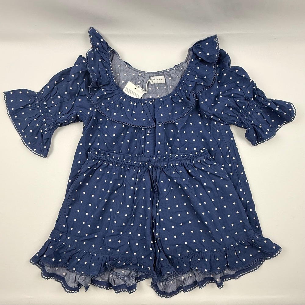 Piyama Jemima Sleep Set Indigo Dot Polka Dot Ruffle Pajama Set XS NEW